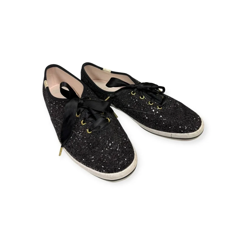 Keds x Kate Spade Black Glitter Champion Sneakers Satin‎ Laces Gold Trim 6.5